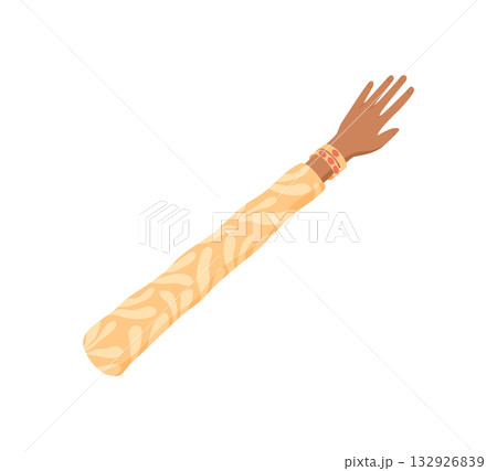 Flat cartoon diverse hand symbol with raised fingers and ethnic arm design. Human gesture with cultural diversity. Creative concept for colorful symbolic art in vibrant style. Flat cartoon diverse hand symbol with raised fingers and ethnic arm design. Human gesture with cultural diversity. Creative concept for colorful symbolic art in vibrant style. 132926839