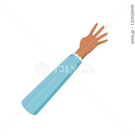 Flat hand gesture with four fingers up. Palm with sleeve expressing number four in black skin tone. Hand gesture for counting or math education, isolated regular style. 132926840