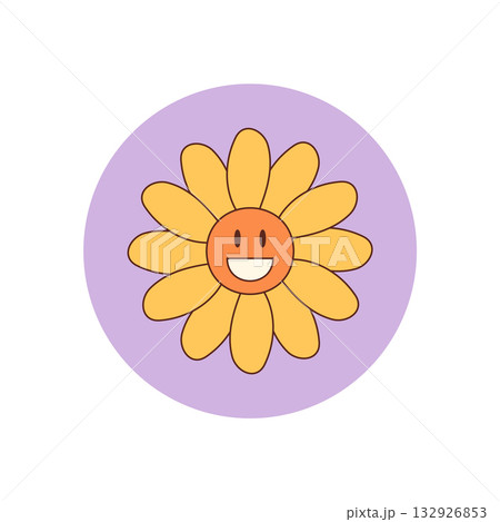 Groovy retro flat style flower sticker in a yellow and orange circle with cute happy smiley face. Fun y2k inspired package seal and lid, perfect for playful label or product design. 132926853