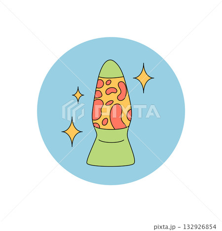 Groovy retro lava lamp sticker label in colorful circle shape. Funky package lid with y2k psychedelic graphic. Music and vintage inspiration for trendy playful product or creative emblem. 132926854