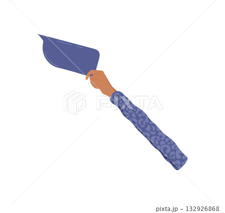Raised hand with voting symbol in cartoon graphic style. Fingers hold a sign, symbolizing the act of speaking or voting. Flat, colorful design emphasizes active communication, ideal for campaigns, 132926868