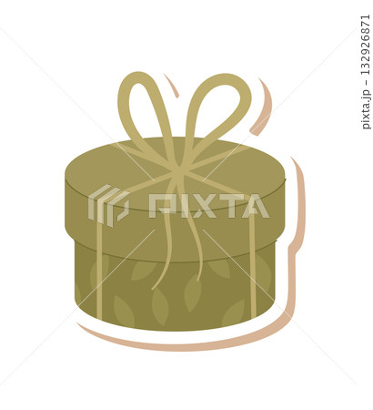 Round kraft gift box sticker with flat ribbon and bow in vintage eco style. Present as a cute xmas or holiday box, this sticker brings a festive and natural accent. 132926871