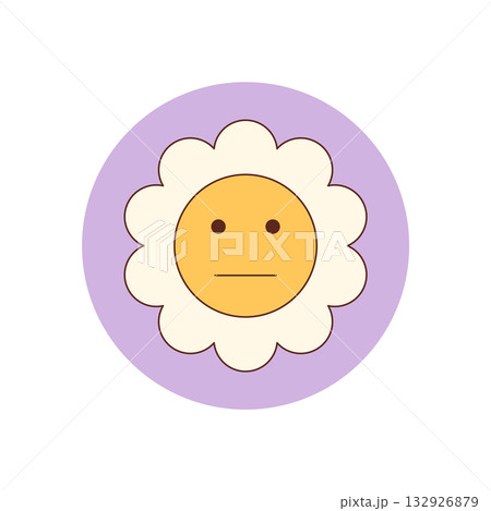 Retro groovy daisy flower sticker with yellow smiley face and circle shape. Flower face and sticker lid serve as a cheerful package seal, vibrant y2k accent for product or label use. 132926879