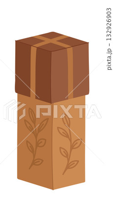 Rustic kraft gift box with brown ribbon in craft style. Christmas present and holiday package with a graphic look. Perfect for eco friendly gift and decorative packaging concept. 132926903