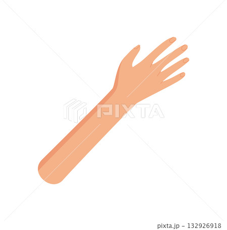 Open raised hand in flat cartoon graphic style. Human arm with extended fingers in colorful symbol form. Gesture and shape represent unity, communication, and connection creative abstract art. 132926918