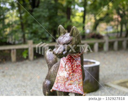 雨に濡れた稲荷神社の狛狐 132927818