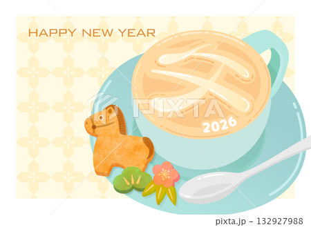 年賀状2026 かわいい午年のラテアート 132927988