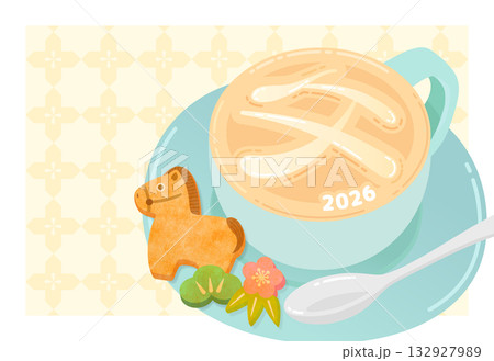 年賀状2026 かわいい午年のラテアート 年賀状2026 かわいい午年のラテアート 132927989