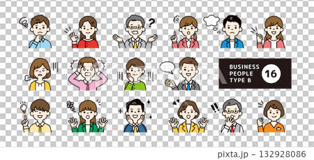 Various facial expressions and poses of business people upper body vector icon illustration material set_Color B Various facial expressions and poses of business people upper body vector icon illustration material set_Color B 132928086