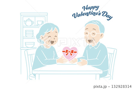 バレンタインのプレゼントを渡すシニアカップル、線なし バレンタインのプレゼントを渡すシニアカップル、線なし 132928314