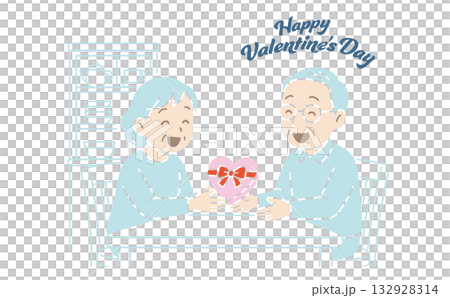 バレンタインのプレゼントを渡すシニアカップル、線なし バレンタインのプレゼントを渡すシニアカップル、線なし 132928314