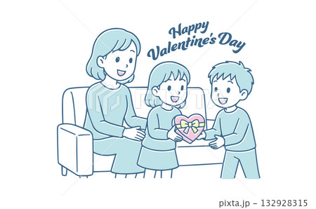 バレンタインのプレゼントを渡す家族、ママと子供たち、線なし バレンタインのプレゼントを渡す家族、ママと子供たち、線なし 132928315