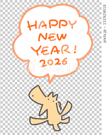 Horse celebrating the New Year HAPPY NEW YEAR 2026 handwritten text speech bubble 132929018