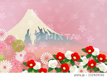 富士山　ツバキ　和柄　年賀状　背景	 132929192