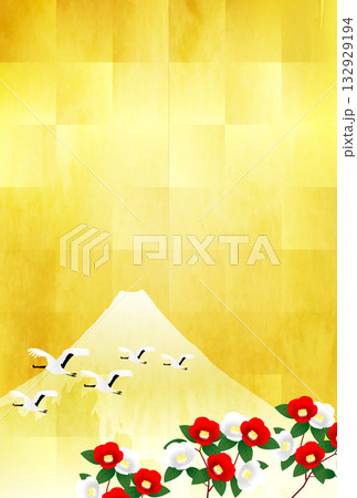 富士山　ツバキ　和柄　年賀状　背景	 132929194