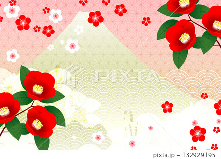 富士山　ツバキ　和柄　年賀状　背景	 132929195