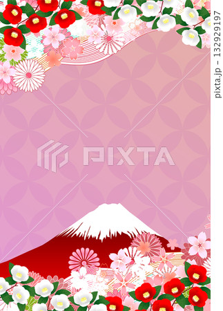 富士山　ツバキ　和柄　年賀状　背景	 132929197