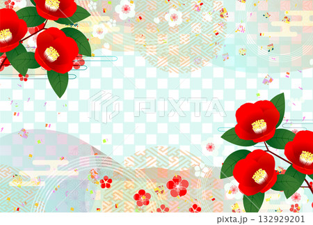 ツバキ　和柄　年賀状　金　背景	 132929201