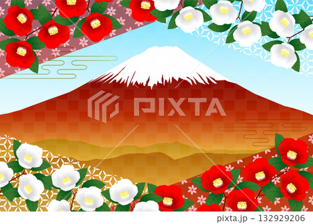 富士山　和柄　年賀状　背景	 132929206