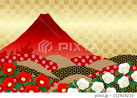 富士山　ツバキ　和柄　年賀状　背景	 132929210