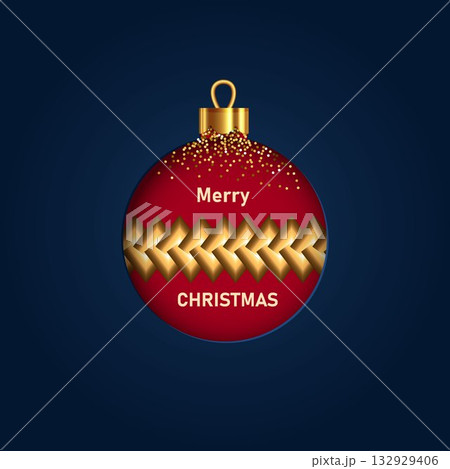 Merry Christmas and Happy New Year. Paper cut and embossed design featuring a red Christmas ornament with blue background accents. Christmas ball. Vector 132929406