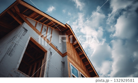New Home Construction Framing Under Cloudy Sky Exterior View 132929581