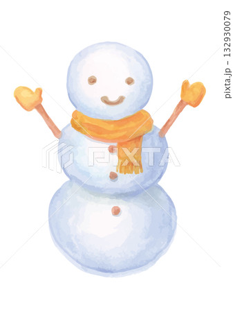 オレンジ色のマフラーと手袋の水彩手描きの雪だるま 132930079