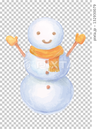 オレンジ色のマフラーと手袋の水彩手描きの雪だるま 132930079