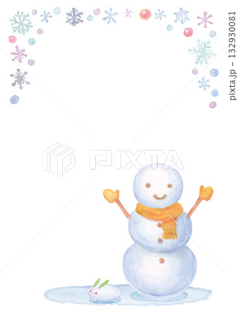 上部を雪の結晶で飾ったオレンジ色の防寒具の水彩手描きの雪だるま雪うさぎ 132930081