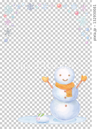 上部を雪の結晶で飾ったオレンジ色の防寒具の水彩手描きの雪だるま雪うさぎ 132930081