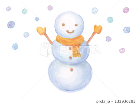 背景にカラフルな丸を散らしたオレンジ色のマフラーと手袋の水彩手描きの雪だるま 背景にカラフルな丸を散らしたオレンジ色のマフラーと手袋の水彩手描きの雪だるま 132930283