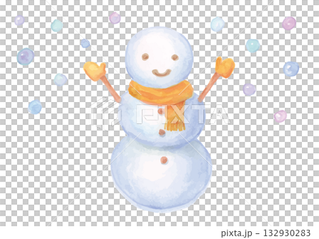 背景にカラフルな丸を散らしたオレンジ色のマフラーと手袋の水彩手描きの雪だるま 背景にカラフルな丸を散らしたオレンジ色のマフラーと手袋の水彩手描きの雪だるま 132930283