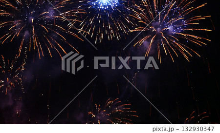 Golden Firework celebrate anniversary independence day night time celebrate national holiday. Countdown to new year 2024 party time event. Happy new year 2025, 4th of july holiday festival concept 132930347