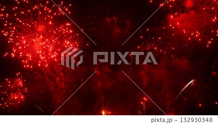 Red Firework celebrate anniversary happy new year 2024, 4th of july holiday festival. red firework in night time celebrate national holiday. Countdown to new year 2024 festival party time event 132930348