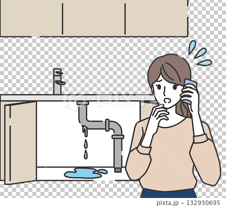 Illustration of a woman calling because of a water leak in the kitchen 132930695