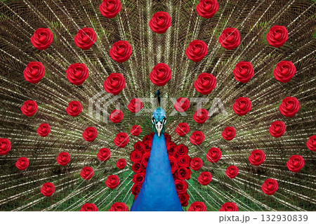 真っ赤なバラの花で装飾されたクジャク 132930839