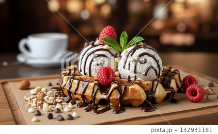 チョコレートソースとアイスクリームが乗ったワッフル 132931181