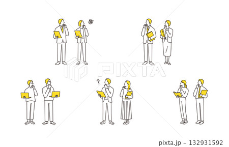 PCや書類ファイルを持って悩む、いろんな部署のビジネスパーソンセット 132931592