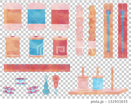 手芸に使う裁縫道具の可愛いイラスト素材セット 132931635