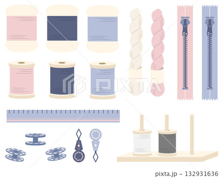 手芸に使う裁縫道具の可愛いイラスト素材セット 132931636