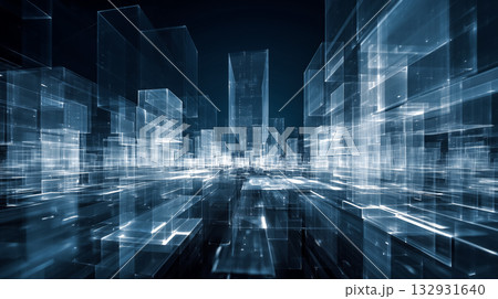 仮想都市空間に浮かぶデジタル構造体 132931640
