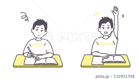 男の子が悩む、手を挙げる、理解する　学習シーンのベクターイラスト　 132931708