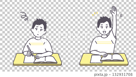 男の子が悩む、手を挙げる、理解する　学習シーンのベクターイラスト　 132931708