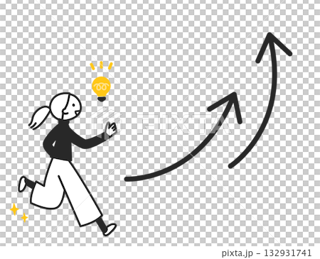 ひらめく女性と上向き矢印 成長・ステップアップ・加速のイメージ ひらめく女性と上向き矢印 成長・ステップアップ・加速のイメージ 132931741
