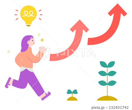 上向き矢印と走る女性　成長・転職・未来へのステップアップのイメージ 132931742