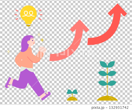 上向き矢印と走る女性　成長・転職・未来へのステップアップのイメージ 132931742