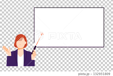 ビジネスウーマンがレーザーポインターを使ってボードを指しているイラスト。フラットデザイン 132931809