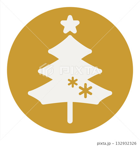 ゴールドのシンプルでおしゃれなクリスマスツリーのイラストアイコン　冬のシンボル　金色のシルエット 132932326