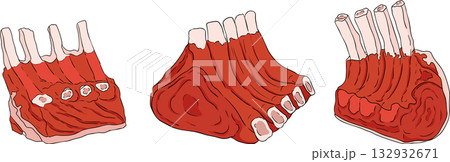 Colorful vector illustrations of various raw meat cuts, with detailed textures 132932671