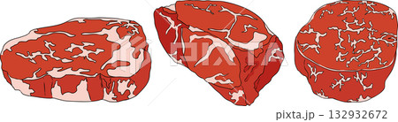 Colorful vector illustrations of various raw meat cuts, with detailed textures 132932672